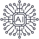An interconnected net of electronic gates with AI sign in the middle.