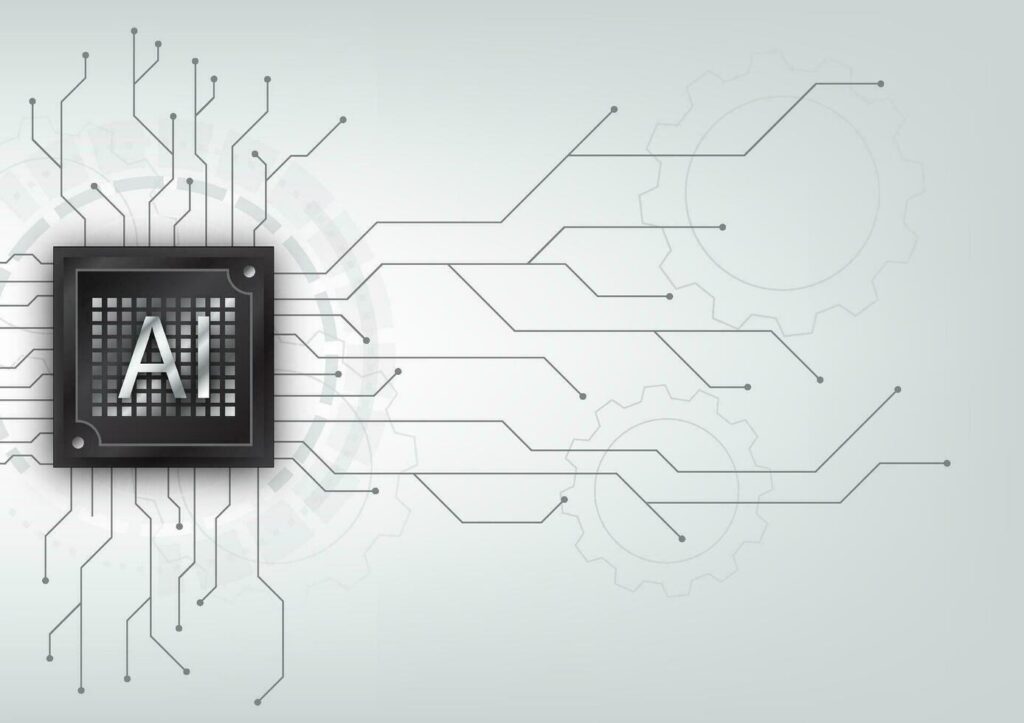 AI sign in a black box with glass cover surrounded by connected nodes and wheels.