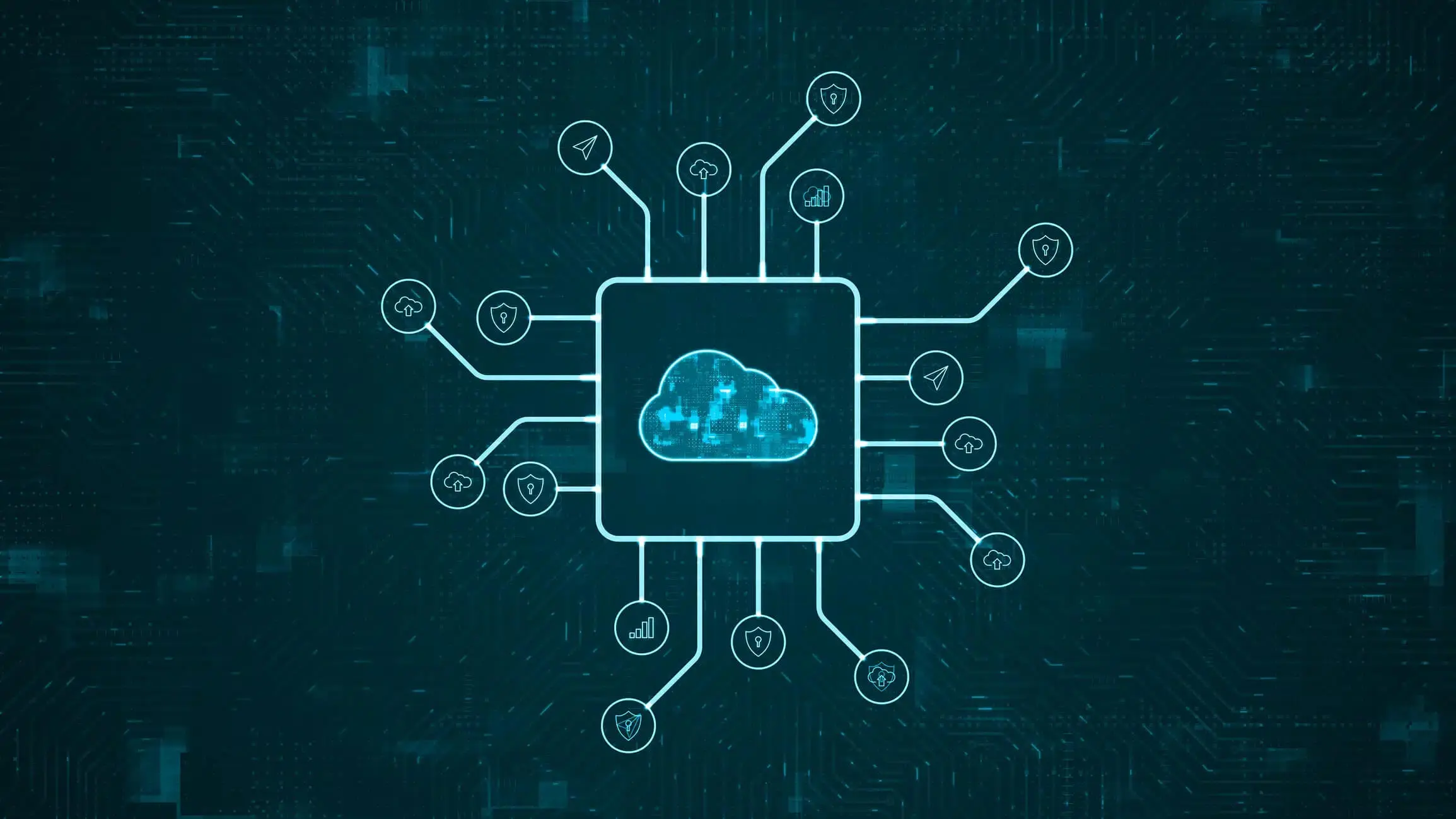 Cloud technology connected with data, statistics and messages.
