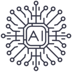 An interconnected net of electronic gates with AI sign in the middle.
