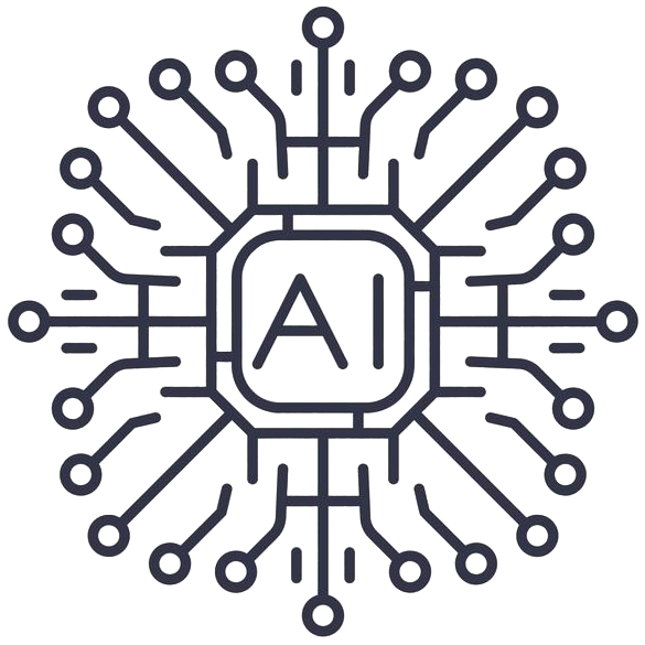 An interconnected net of electronic gates with AI sign in the middle.