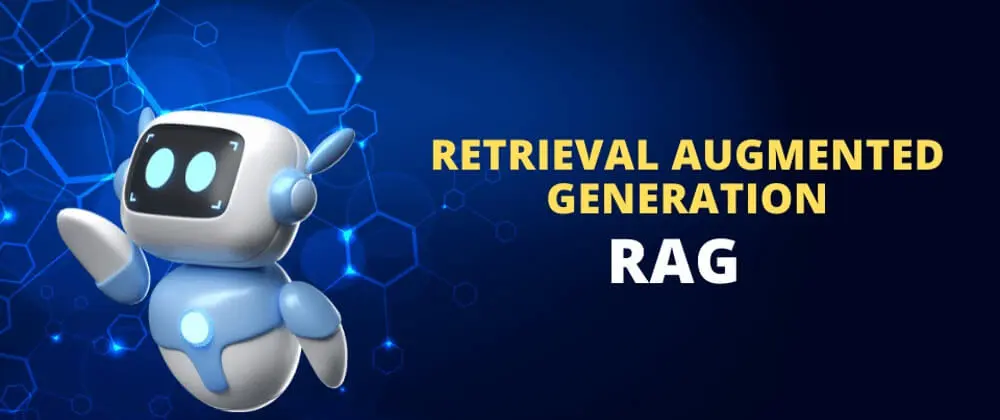 A robot with Retrieval Augmented Generation sign on a blue background.