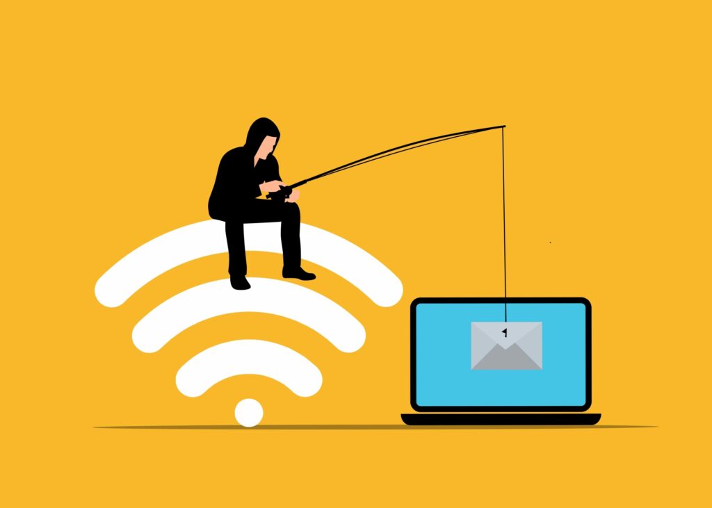 A hacker fishing for a professional inside her blue laptop screen in a yellow background